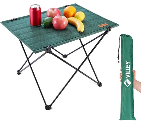 VILLEY Campingtisch Klappbar, Klapptisch Faltbar mit Aluminium und Oxford-Stoff, Kleiner Camping Falttisch 25kg Belastbar mit Tasche, Einfache Installation, Ideal für Outdoor-Küche und Angeln, Grün