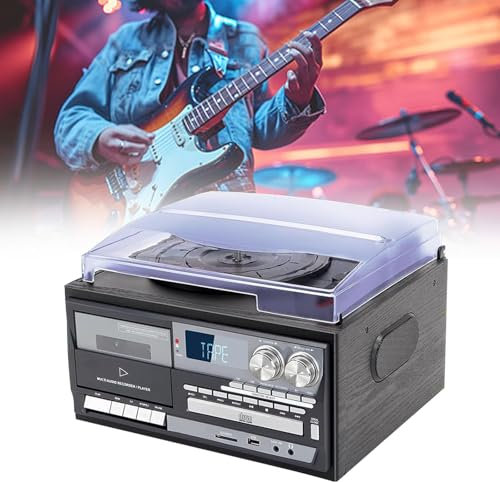 QFGain Record Player with Speakers, Portable Phonograph, 3 Speed Turntable Vinyl Player with CD/Cassette Play, AM/FM Radio, USB SD/MMC Plays, Fully Automatic Belt-Drive Audio Device,Black