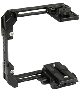 DSLR camera cage with adjustable height and multiple attachment points for accessories