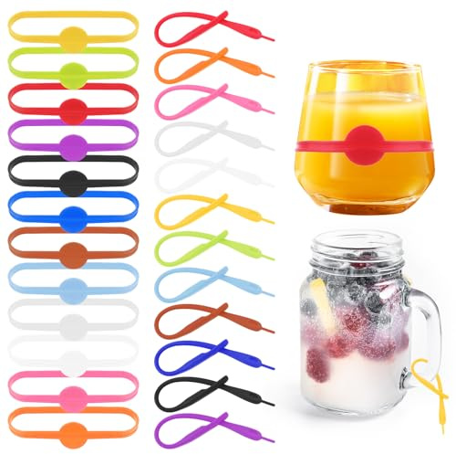 Xelsluthe 24 Stück Wiederver Wendbare Glasmarkierer, Silikon Getränkemarker Etiketten Glas Markierung TrinkgläSer Weinglasmarker Getränkelabels für Gläser Becher Bierflasche Cocktailgl