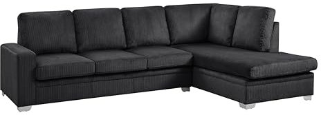 Large Corner Sofa, Left Hand Sofa or Right Hand Corner Sofa, Couch in Upholstered Jumbo Cord or Linen Fabric, L Shaped Sofas with Optional Matching Footstool (Black Jumbo Cord, Right Hand Facing)