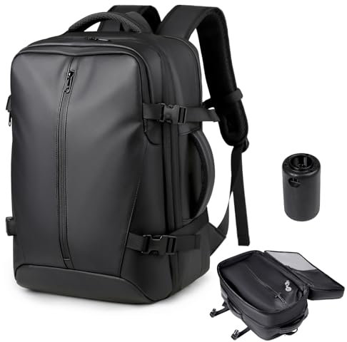 Vakuum Rucksack Handgepäck, Reiserucksack Handgepäck Flugzeug 45x36x20 Easyjet, 35L-55L Travelite Rucksack Groß Erweiterbar Airbag mit Pumpe, 15.6 Zoll Laptopfach, Damen, Herren - Schwarz
