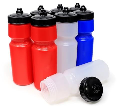 Rolling Sands USA Made 24 oz Sports Squeeze Water Bottles, 8 Pack, BPA-Free, Easy Drink One Way Flow Valve, Fits Most Bike Cages, Dishwasher Safe, Durable, Reusable and Lightweight, Variety