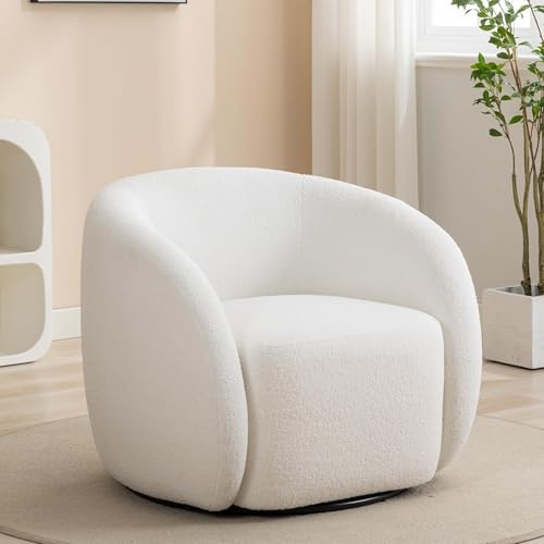 SEYNAR Modern Swivel Accent Chair, Upholstered Sherpa Barrel Armchair with 360° Swivel Base, Comfy Single Sofa for Living Room or Bedroom(White)