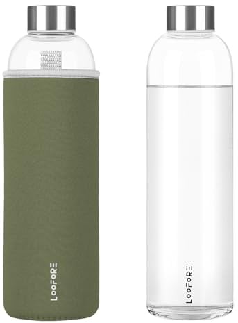 LOOFORE Botella de Cristal de 1 litro, 1L Botella de Vidrio de Borosilicato con Cubierta Protectora para Bebidas Frías y Calientes, Agua Reutilizable para Oficina, Deporte, Camping, Niños y Adultos