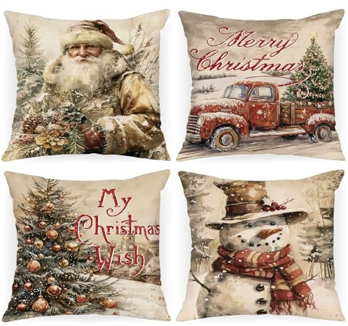 Lanpn Weihnachten Kissenbezug 4 stück, Plüsch Weihnachtskissenbezug 40x40 cm Schneemann LKW Weihnachtsmann Dekor Kissenhüllen für Winter Urlaub Schlafzimmer Wohnzimmer Sofa Weihnachten Heimdekoration