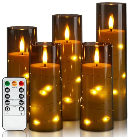CERICAI Flickering Flameless Candles with String Lights, LED Battery Operated Candle with Remote Control and 24-Hour Timer, Electric Candles Set of 5, Home Decoration for Christmas Halloween (Grey)