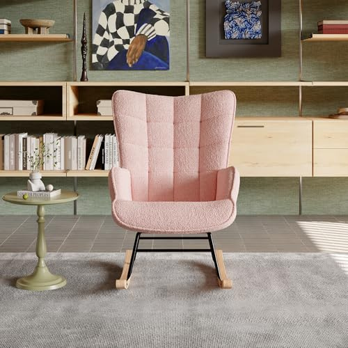 NSXSBUZ Poltrona a dondolo, sedia da camera da letto, sedia a dondolo da esterno, tessuto felpato, poltrona reclinabile con poggiapiedi per camera da letto, soggiorno (rosa, standard)