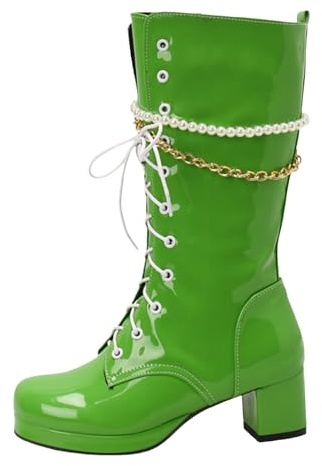 Stivali da donna color caramella, piccole perle fresche, perle, nappa, tacco grosso, tacco alto, stivali grandi in pelle, stivali di media altezza, verde, 40 EU