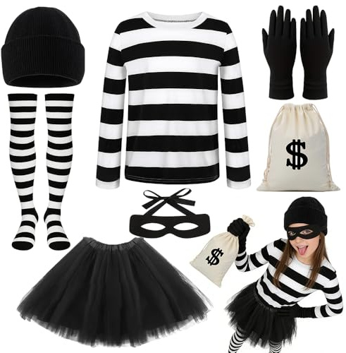 KUWUNG Räuber Kostüm Damen Herren Bankräuber Kostüm Damen Herren Dieb Kostüms Einbrecher Kostüms Banditkostüms Verbrecherkostüms Sträfling Dieb für Karneval Cosplay