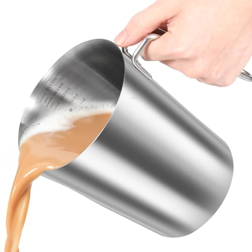 BAODBF Jarra medidora de acero inoxidable de 1,5 l con asa y labio vertedor, sin BPA, jarra de leche con escala fina, protección contra goteo, jarra de metal para cocina, restaurante, bar, casa de té