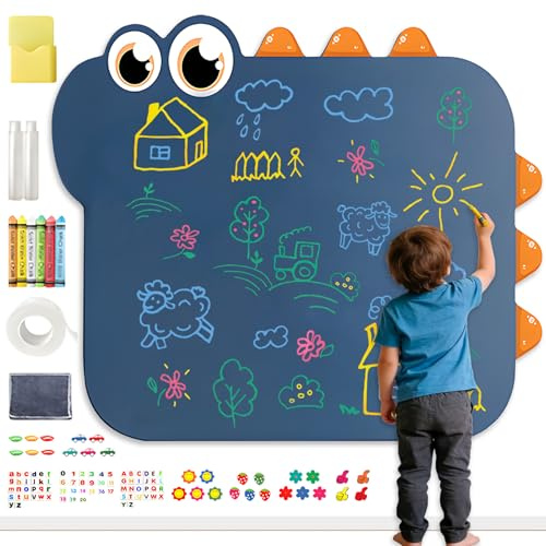 Magnettafel Kinder Dinosaurier Stil, 68x88cm Magnettafel für Kinderzimmer kein Bohren erforderlich Einfache Installation, Enthält Staubfreie Kreide, 10 Sätze Magnetsets, Magnetische Aufbewahrungsbox