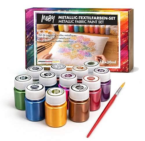 Peintures textiles pour textiles clairs (12 couleurs métallisées x 30 ml) | Kit de peinture textile avec pinceau. Lavable après fixation. Convient aux T-shirts, sacs et à de nombreux textiles clairs.