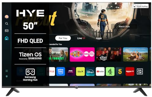 HYE 50 QLED Smart TV - Full HD, Samsung Tizen OS & Gaming Hub, Black | Apple AirPlay, Alexa & Bixby Voice Control, HDR, Bluetooth, WiFi, 3x HDMI - Perfect for Streaming, Gaming & Entertainment