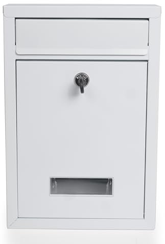 White External Mailbox Wall Mounted Outdoor Metal Letterbox for Outside Wall with Letter Collection Flap - Galvanised Steel with Powder-Coated Finish - Mounting Accessories Included