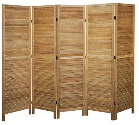 Paravent persienne de 5 pans en bois, coloris brun clair - Dim : H170 x L200cm -PEGANE-