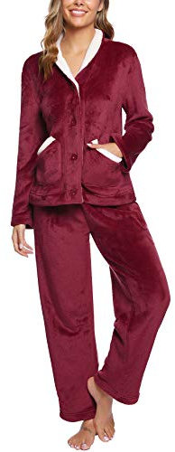iClosam Pigiama Donna Invernale Flanella Pigiama Felpato Donna Caldo Pigiama Donna Lungo con Scollo a V Pigiami Due Pezzi da Donna Lungo con Bottoni Morbido e Confortevole S-XXL