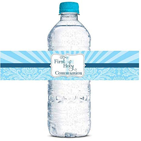 AmandaCreation - Pegatinas para botella de agua religiosas de primera comunión, impermeables, 20 etiquetas para envolver alrededor de 1.75 x 8.5