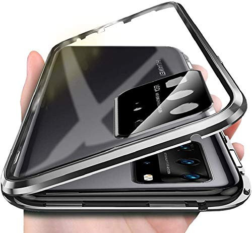 Hülle für Huawei P40 Handyhülle 360 Grad Hülle Eingebautem Kamera Linse Schutzfolie Magnetische Adsorption Metallrahmen Schutzhülle Transparent Gehärtetem Glas Schutz Flip Cover,Schwarz