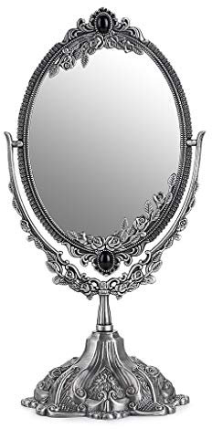 JUXYES Espejo de maquillaje decorativo antiguo de metal con soporte, espejo cosmético de doble cara giratorio vintage con marco, espejo ovalado de escritorio retro para baño y dormitorio
