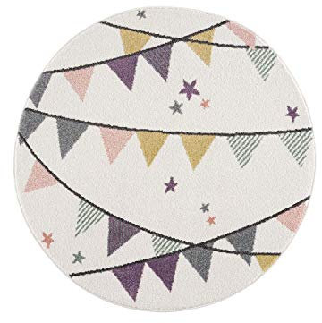 carpet city Kinderteppich Kinderzimmer Creme Lila - 120 cm Rund - Wimpel-Motiv - Kinderzimmerteppiche Mädchen - Babyzimmer-Teppich - Spielteppich