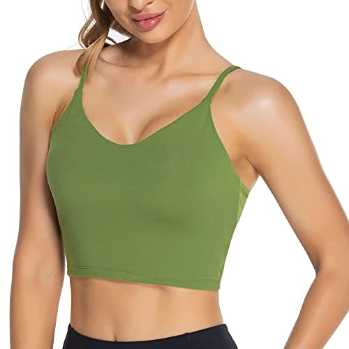 Lemedy Gepolsterter Sport-BH für Damen, V-Ausschnitt, Fitness, Workout, Yoga, bauchfreies Tanktop - Grün - Large