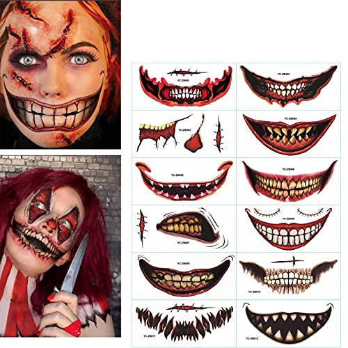 Halloween Aufkleber Tattoo,12PCS Halloween Clown Horror Mund Tattoo Aufkleber,Halloween Temporäre Tattoos,wasserdichte Terror Wunde Streich Requisiten Halloween Dekor