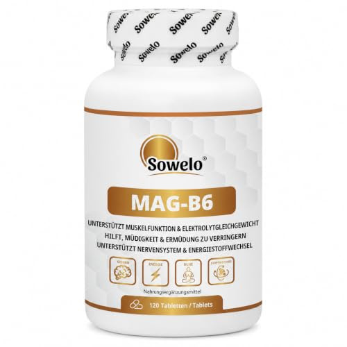 Magnesium 375 mg elementar pro Portion + Vitamin B6, 120 Tabletten, Sowelo | 40 Tagesportionen aus je 3 Tabletten – für Muskelfunktion, Nervensystem und Energiestoffwechsel – hergestellt in der EU