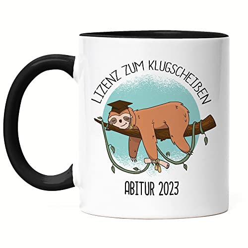 Hey!Print Abitur Tasse 2023 Schwarz Schul-Abschluss Geschenk Faultier Kaffeetasse Bestandenes Abi