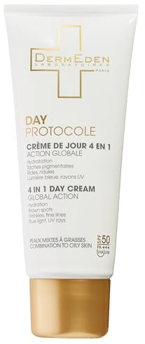 DermEden - Tagescreme 50 ml Mischhaut bis fettige Haut SPF 50-4 in 1 - Umfassender Schutz vor schädlichen Einflüssen des Lichts - Anti-Flecken und Anti-Entzündungen - Französische Herstellung