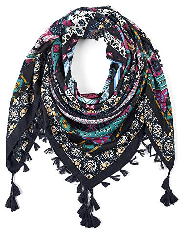 Nuofengkudu Schals Damen Umschlagtuch Retro Floral Ethno Drucken Große Platz Nacken Wärmer Schal mit Quaste Schalcape Wraps 110 * 110CM X-Farbe 35