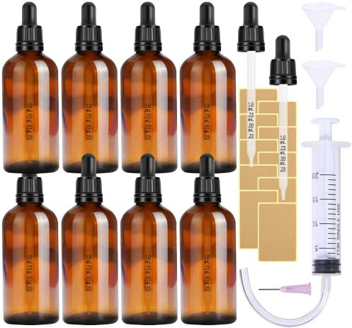 Nuts OT nuts Brown Glass 100ml Dropper Bottles Dropper Pipettes 8pcs Eye Droppers Amber with 5 Auxiliary Accessories Suitable for Essential Oils Massage Perfumery Aromatherapy Laboratory