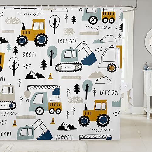 Loussiesd Cartoon Car Kids Shower Curtain Construction Bath Curtain Decor Equipment Trucks Bathroom Shower Curtain Set Cartoon Car Excavator Tractor White Yellow Kids Bathroom Accessories 180X210cm