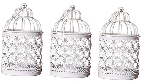 Warmhm 3 Stk Hohler Vogelkäfig-kerzenhalter Kleine Alte Laterne Led- Hohler Kerzenhalter Hängender Vogelkäfig-kerzenhalter Vogelkäfig Laterne Weiß Kleine Laterne Schmiedeeisen Mini