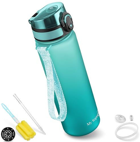My Vesperbox Minny Botella infantil a prueba de fugas, con pajita o filtro, 350, 500 o 750 ml, ligera, de tritán, sin bisfenol A, para guardería y escuela, para beber (azul - turquesa, 750 ml)