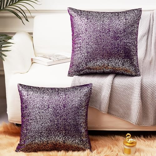 EUCIOR Violette und silberfarbene Kissen, glitzernde Dekokissen, Lavendel, 50,8 x 50,8 cm, Samt, versteckter Reißverschluss, Akzent-Kissenbezüge für Bett/Couch, 2 Stück