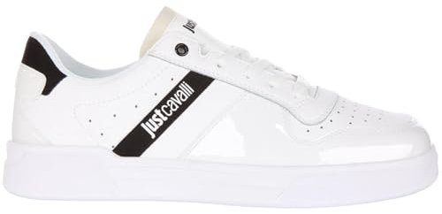 Just Cavalli Minimaler Sneaker mit Pferdemotiv aus hochwertigem Leder. Mit Lasche mit Logo-Druck, runde Spitze, Ferse Verstärkung und Logo mit, Weiß, 44 EU