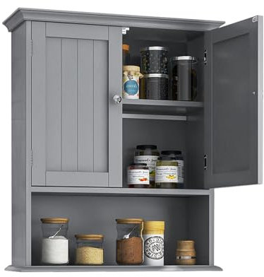 LIFEZEAL Badezimmerschrank aus Holz, Wandschrank mit Verstellbarem Regal & 2 Türen, Hängeschrank Bad 60 x 19 x 71 cm, WC Schrank Hängend, Küchenschrank (Grau)