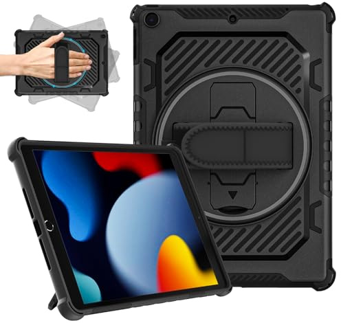 ROISKIN iPad 9. / 8. / 7. Generation Hülle 10.2: Heavy Duty Stoßfest Robuste Schutzhülle iPad 10.2 Zoll 2021/2020/2019 Hülle mit 360 Rotation Stand/Handschlaufe für Kinder Jungen Mädchen, Schwarz