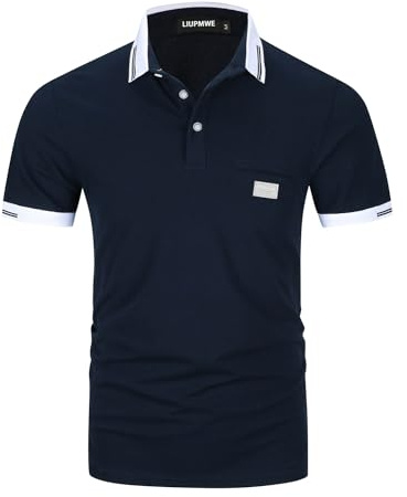 LIUPMWE Poloshirts Herren Kurzarm Golf Poloshirts mit Tasche Kontrastfarbe Ausschnitt Baumwolle Basic T-Shirt Polohemd Sommer