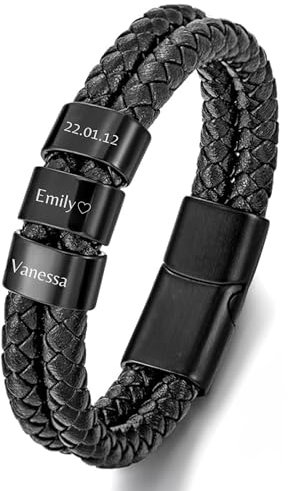 Personalisiertes Lederarmband Herren Schwarz mit Namen - Armband mit Gravur - Vatertag - Einzigartiges Geschenk für Männer - Männerarmband - Geschenk Papa