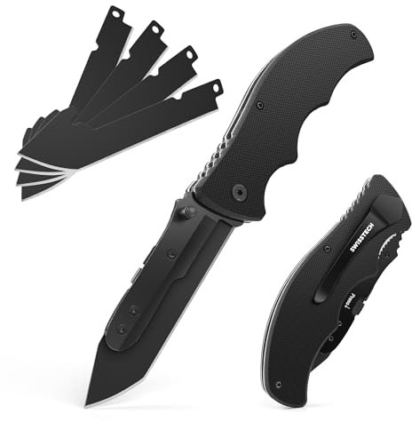 Swiss+Tech Taschenmesser, Klappmesser, Abgenutzter Stil, mit G10 Griff, Jagdmesser mit Taschenclip, Outdoor Messer für Camping, Jagd und Wandern, Schwarz