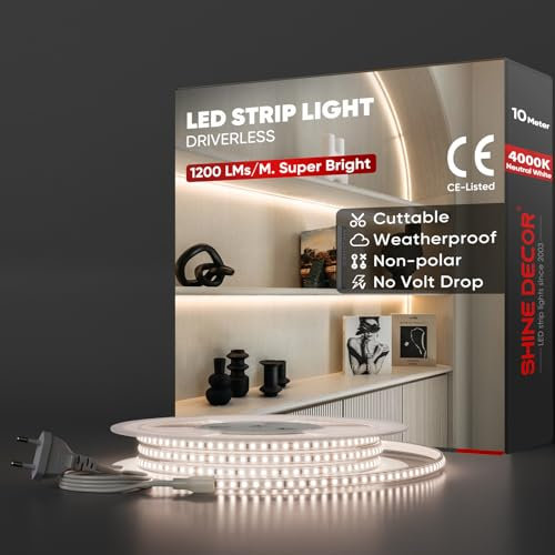 Shine Decor LED Streifen 10m, AC 220V 230V IP65 Wasserdicht LED Band, SMD 2835 120 leds/m Ultrahohe Helligkeit Lichtleiste für Home Decoration Küche Garten LED Beleuchtung (10M, Neutralweiß)