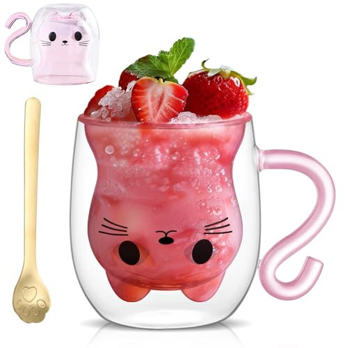 Yuragim Süße Katzentasse mit Henkel, 300ML Doppelwandige Gläser Katzen Tasse Tee Kaffeetasse mit Löffel, Latte Cappuccino Kaffeegläser Weihnachten Geburtstag Geschenke für Frauen Mama, Katzenliebhaber