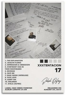 17 -XXXTentacion Album-Cover Musikposter für Zimmer, ästhetische Leinwand, Wandkunst, Schlafzimmer, Druck, Bild Gemälde für Wohnzimmer, Schlafzimmer, Dekoration, Rahmen, 20 x 30 cm, ungerahmt, 36