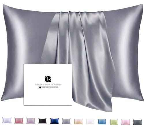 Silk Pillowcase for Hair and Skin with Hidden Zipper, Ravmix Both Side Mulberry Silk Cooling Pillow Case Standard 50×75 cm for Women Men, 1PCS, Lilac Grey