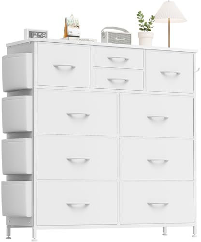 Buluri Kommode mit 10 Stoffschubladen, Komodenschrank mit Seitentaschen und Haken, Holzplatte und Metallrahmen, Stoffkommode für Schlafzimmer, Wohnzimmer, Flur, Kinderzimmer (Weiß)