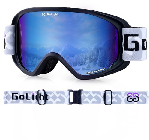 GoLight Ski Goggles, YG-99 Snowboard Goggles, Spherical Lens 100% UV Protection Anti Fog OTG Winter Snow Goggles for Men Women, Snowmobile Skiing Skating,Black Frame,Blue Revo