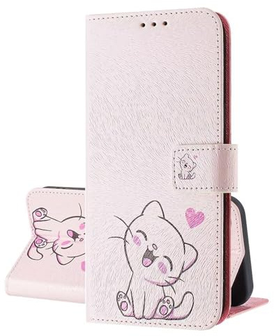 SEHEYA Handyhülle für Motorola Moto Edge 30 Neo Hülle PU Leder Handy Klapphülle mit süßes Motive Design Stoßfest Flip Case Brieftasche Schutzhülle Cover, Rosa Kätzchen