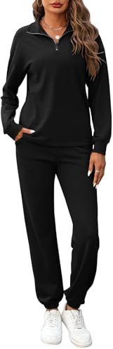 REORIA Damen Baumwolle Jogginganzug Halber Reißverschluss Tracksuits Henley Ausschnitt Zweiteiler Langarm Trainingsanzug Hausanzug Sport Set Lounge Set Schwarz M